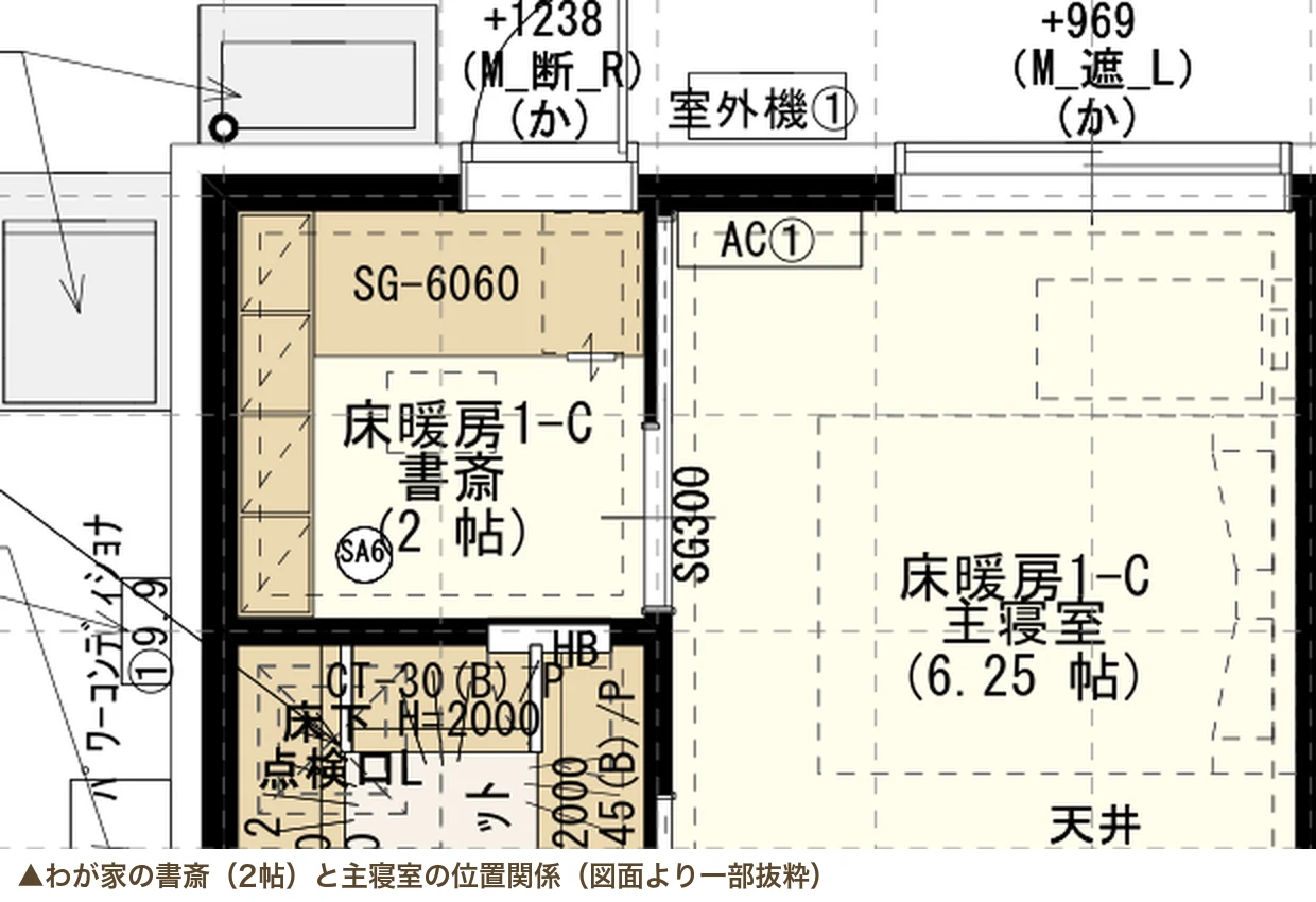 一条工務店 書斎2帖と主寝室の位置関係（図面抜粋）